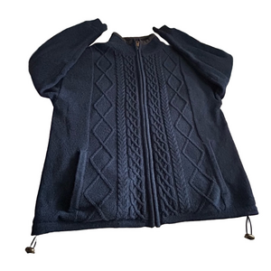 Aran Ireland Mens Navy Blue Pure Wool Fisherman Cable Knit Sweater Jacket Fleece